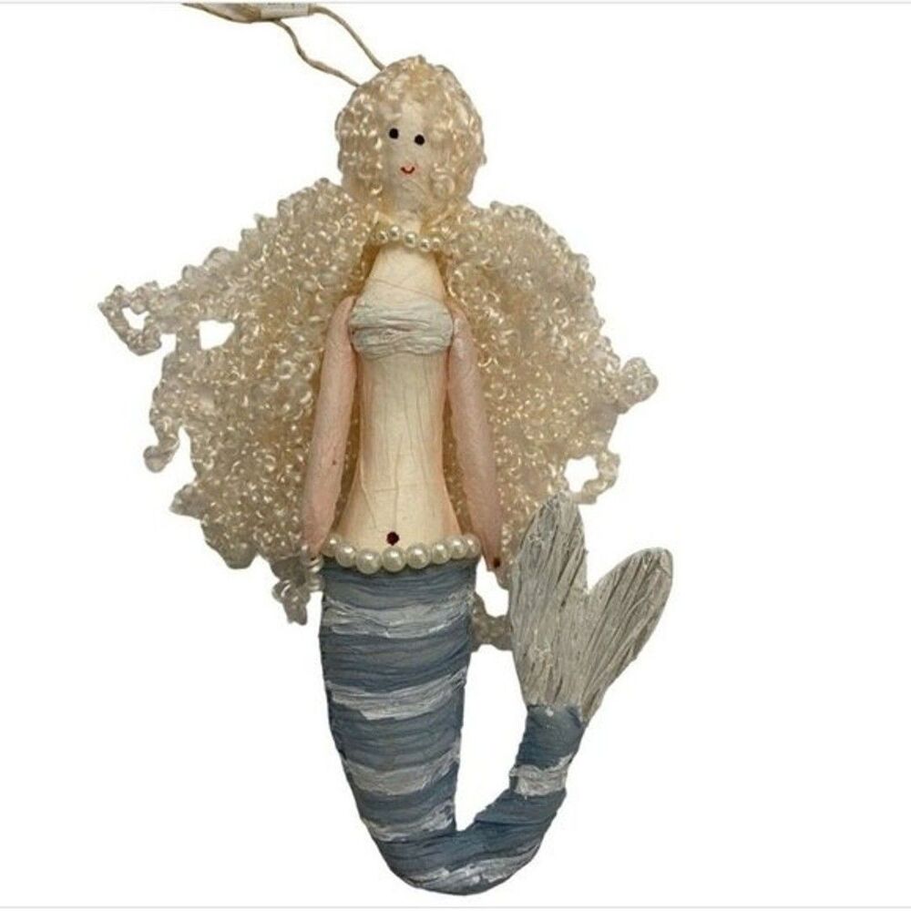 G! Mermaid Coastal Christmas Ornament Beach Cottage Decor Hanging Raffia Striped